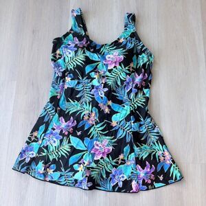 Shore Shapes Swimwear Womens Tropical Floral One Piece Swimdress Black Size 14